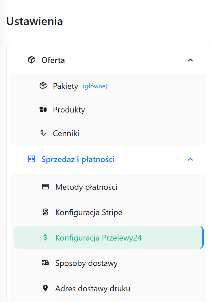 Sekcja Sprzedaż i płatności