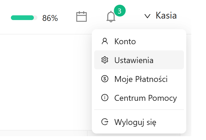 Menu użytkownika - Ustawienia