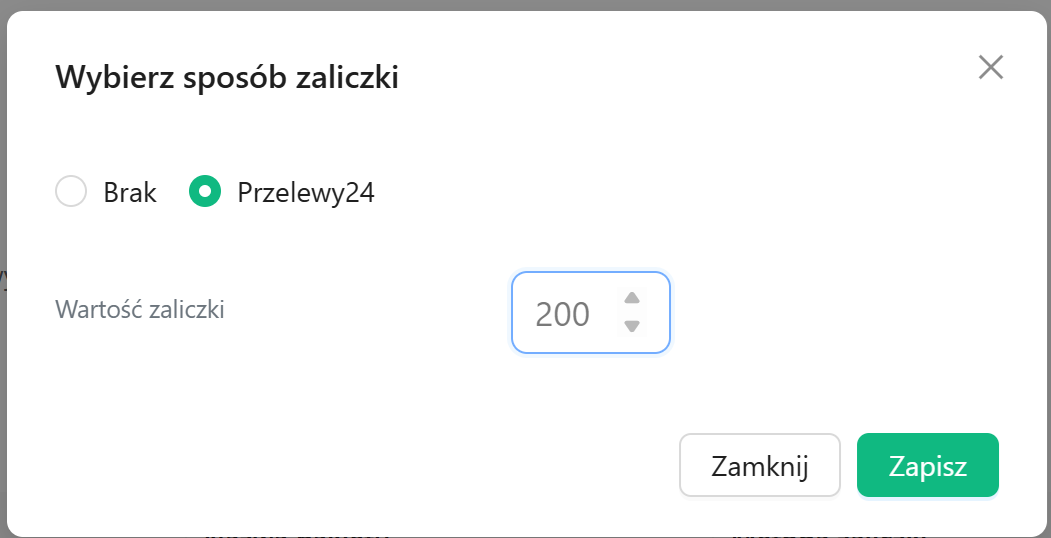 Konfiguracja zaliczki