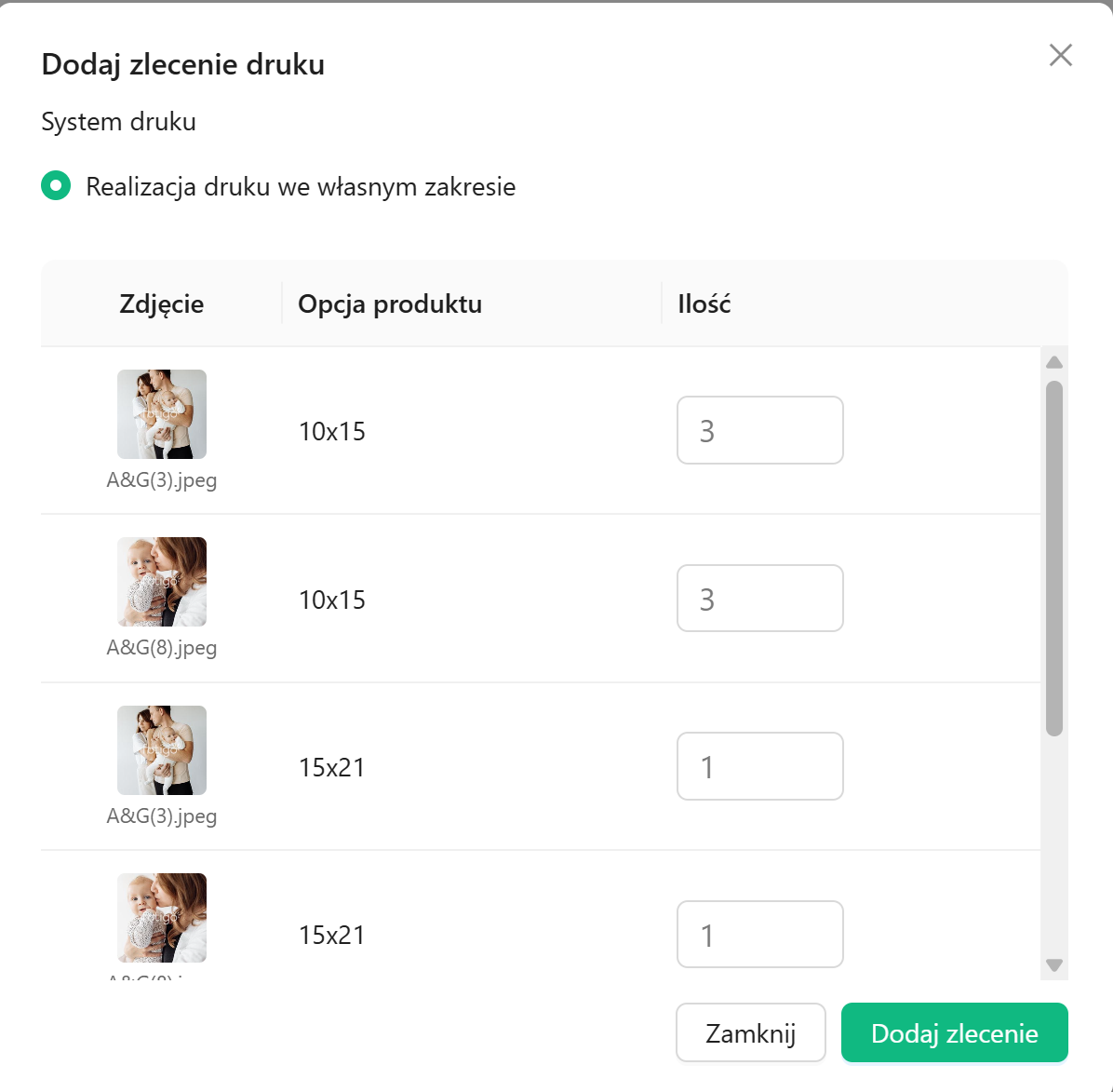 Lista dostępnych plików do dopasowania