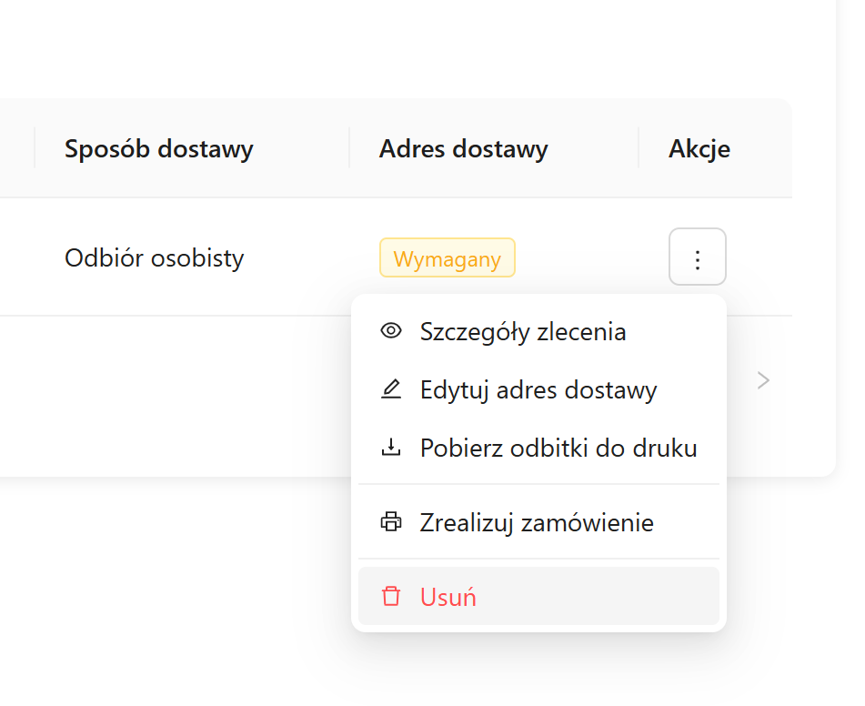 Menu akcji zlecenia druku
